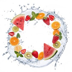 Circular Water Splash Featuring Colorful Fruits Including Watermelon, Kiwi, and Orange. A vibrant composition of various fruits and water splash forming a circular shape.