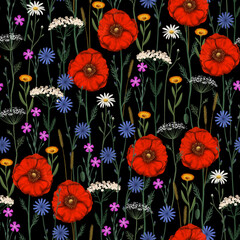 Wildflower Meadow with Red Poppies, Daisies, and Herbs – Seamless Botanical Pattern on Black Background