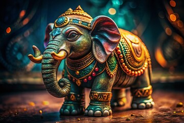 Fototapeta premium Serene Buddhist Elephant Statuette in Low Light, Isolated on White Background