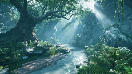 Lush Green Forest Stream with Sunlight and Ferns Landscape View