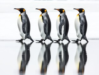 Fototapeta premium Four Elegant Penguins Walking Together on Icy Surface with Reflections in a Serene Antarctic Landscape