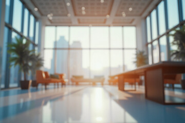 Beautiful blurred background of a light modern office interior with panoramic windows and beautiful lighting.