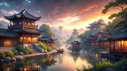 Obraz premium Serene Cityscape: Peaceful Chinese Calligraphy Landscape Painting