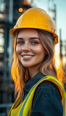 Cheerful woman engineer in yellow helmet posing at oil production plant with natural lighting