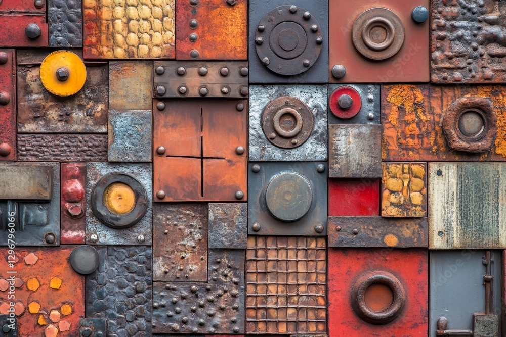 Poster colorful abstract background with textured metal panels and patterns
