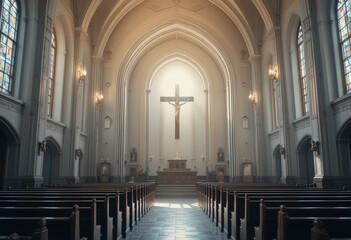 Fototapeta premium Modern Church Interior Photography Wooden Pews Stained Glass Windows - High Vaulted Ceiling Natural Light Easter Celebrations Spiritual Reflection
