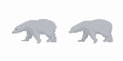 Two polar bears are depicted in pixel art style. both bears are shown walking with detailed features.