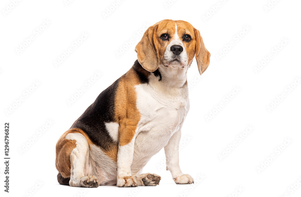 Poster beagle sitting and looking forward on a white background