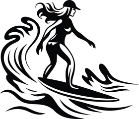 Young female surfer riding a wave silhouette vector illustration, female surfer riding a wave line art vector icon design