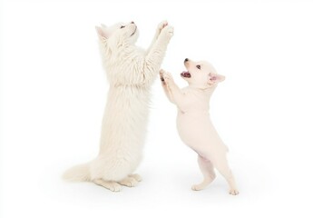 Obraz premium Cute Cat and Puppy Playfully Interacting on White Background