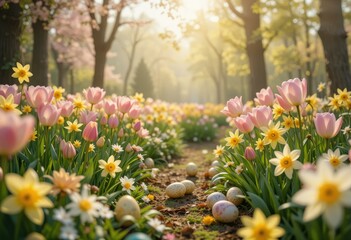 Vibrant Spring Tulips Daffodils Colorful Easter Eggs Sunlit Forest Pathway - Easter Celebration Spring-Themed Marketing Materials