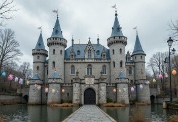 Colorful Fairy-Tale Castle Easter Eggs Serene Waterfront Overcast Sky - Easter Marketing Spring Celebrations