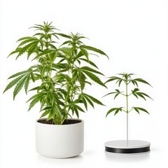 Lush Green Cannabis Plant in White Pot and Small Model Displayed