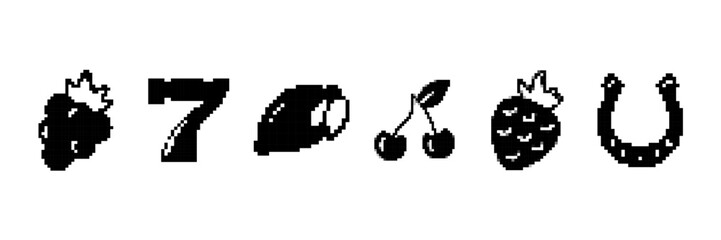 Fototapeta premium Black slot machine symbols include fruits like cherries plus good luck items in unique shapes.