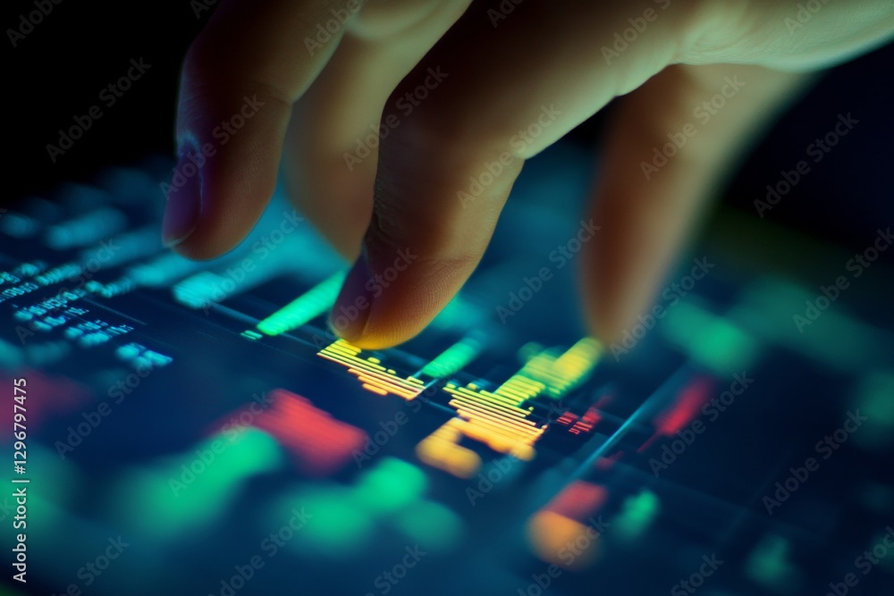 Poster hand interacting with virtual financial charts on a blue background data visualization concept