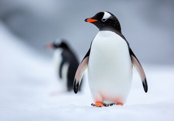 Naklejka premium Gentoo penguin stands proudly on snowy landscape with another penguin in blurred background, showcasing vibrant colors and distinct features of wildlife in Antarctica.