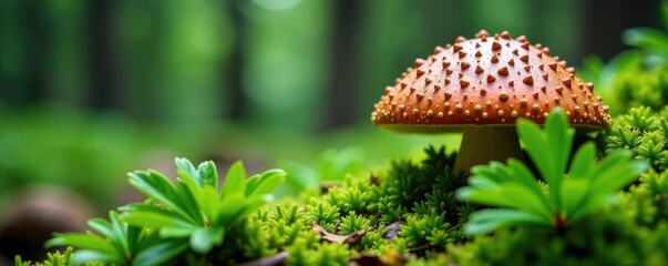 Lush spruce needles surround a large mushroom, greenery, forest floor, spruce