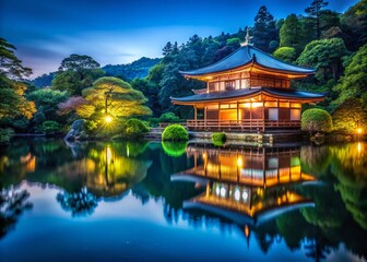 Naklejka premium Serene Japanese Zen Temple Lake Reflection Night Photography