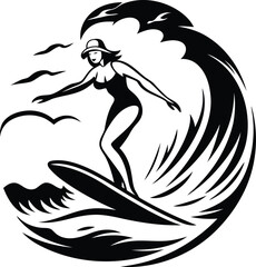Young female surfer riding a wave silhouette vector illustration, female surfer riding a wave line art vector icon design