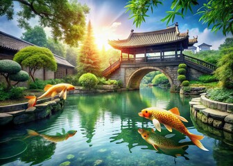 Obraz premium Serene Koi Pond: Traditional Chinese Garden Aquatic Life Photography