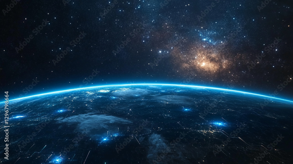 Poster A view of Earth from space, with glowing digital lines across the planetâ€™s surface, surrounded by stars and a distant galaxy, symbolizing global connectivity and technology.