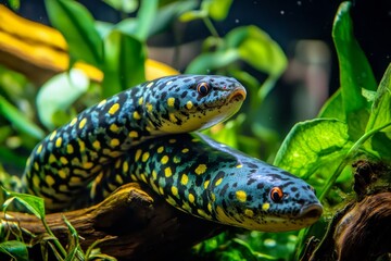 Fototapeta premium Colorful Freshwater Eel Pair Among Lush Aquatic Vegetation