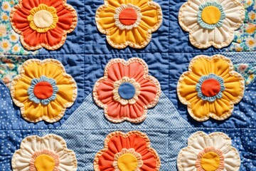 Fototapeta premium Colorful Flower Pattern Quilt with Textured Stitching and Vibrant Colors