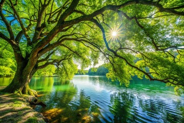 Fototapeta premium Serene Lakeside Vista: Tranquil Tree Overhanging Crystal Clear Water