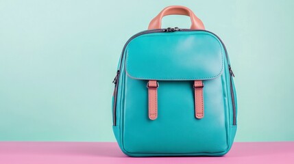 Fototapeta premium Stylish Teal Backpack on Pink and Green Background