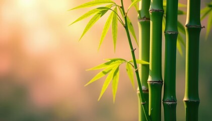 Tall green bamboo stalks sway gently on a warm peach tree branch, summer, bamboo