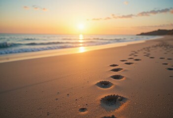 Serene Beach Sunset Footprints Sand Ocean Waves - Tranquil Coastal Escape Travel Marketing
