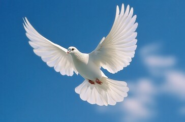 Fototapeta premium Graceful white dove soaring in a clear blue sky with cloud formations, symbolizing peace, freedom, and hope, captured in stunning detail and vibrant colors.