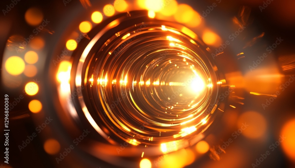 Poster abstract futuristic tunnel with bokeh lights in orange and yellow for design or poster background