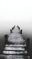 Obraz premium Abandoned wooden pier extending into a vast, misty sea, evoking solitude and nostalgia in monochrome tones