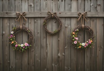 Rustic Floral Wreaths Weathered Wooden Fence - Spring Decor Copy Space Seasonal Marketing Event Planning