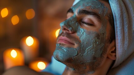 Relaxing male beauty treatment with a soothing mask and candles