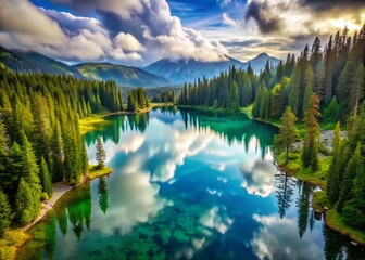 Serene Mountain Lake in Lush Evergreen Forest - High-Resolution Stock Photo