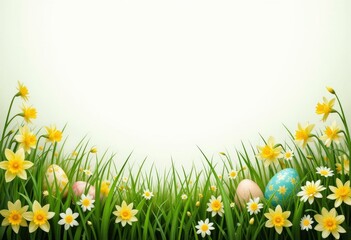 Fototapeta premium Vibrant Easter Scene Colorful Eggs Yellow Flowers Green Grass - Festive Spring Background Easter Promotions, Celebrations, Events