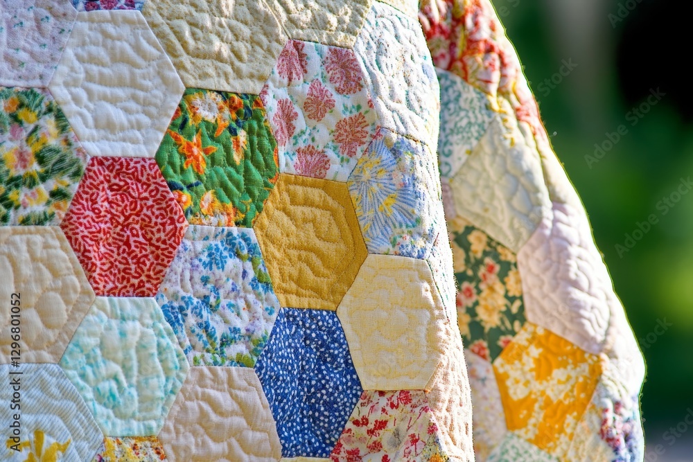 Poster colorful patchwork quilt with hexagonal patterns in nature setting
