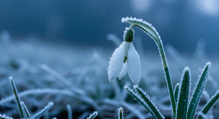 Close-up of a snowdrop flower covered in frost on a cold winter morning
