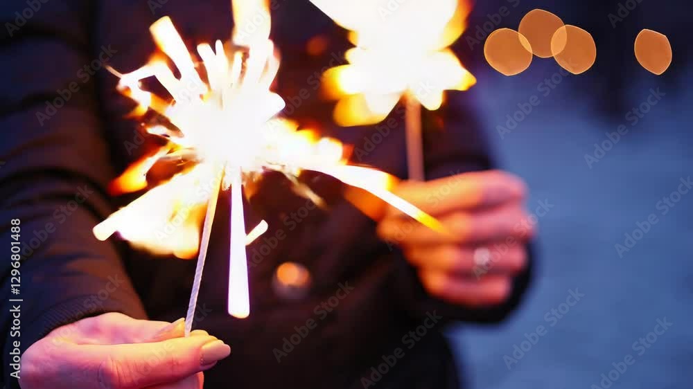Poster hands holding sparklers with bokeh background