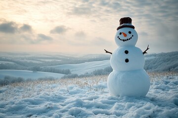 Obraz premium Snowman stands proudly in winter landscape, surrounded by soft s