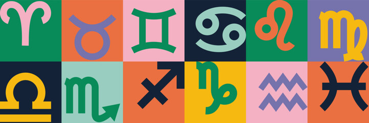 Color zodiac signs: aquarius, libra, leo, taurus, cancer, pisces, virgo, capricorn, sagittarius, aries, gemini, scorpio. Zodiacal vector horoscope