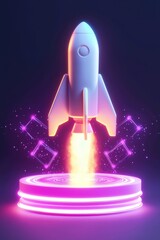 Rocket launch event futuristic space center digital art nighttime environment close-up view innovative technology concept