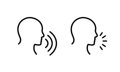 Two minimalist line art silhouettes exchange sound waves, highlighting voice communication concept.