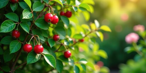 Vibrant Red Berries on Lush Green Foliage in a Sunny Garden Setting
