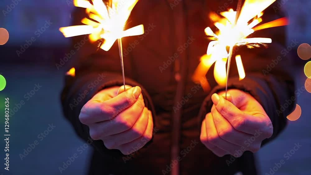 Poster hands holding sparklers with bokeh background