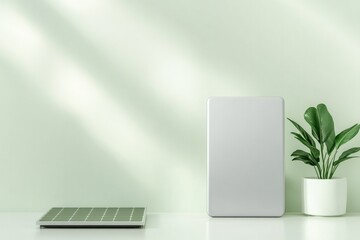 Obraz premium Minimalist workspace features soft green tones, modern laptop, a