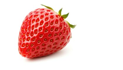 A single, ripe strawberry, isolated on pure white, glossy,  leaf