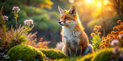 Serene Orange Fox in Tranquil Floral Setting - Peaceful Wildlife Stock Photo